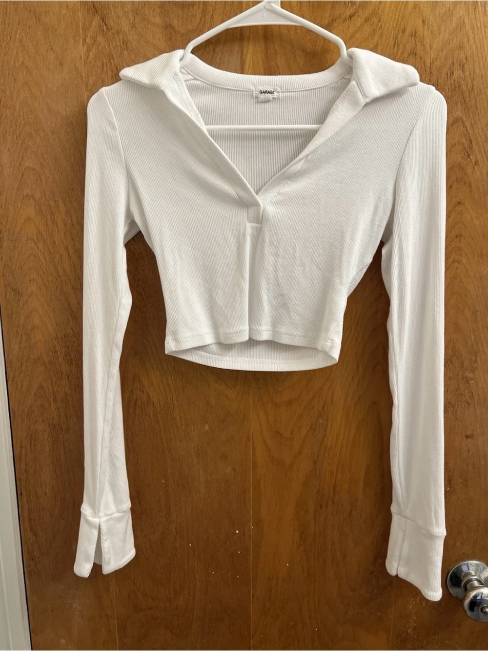 Garage White Ribbed Knit Cropped Collared Long Sleeve Top, Size XS